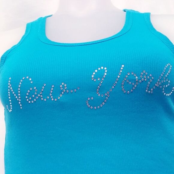 Salt Creek Tank New York Rhinestone Script Ribbed Racer Back NY Junior Large New - Picture 1 of 6